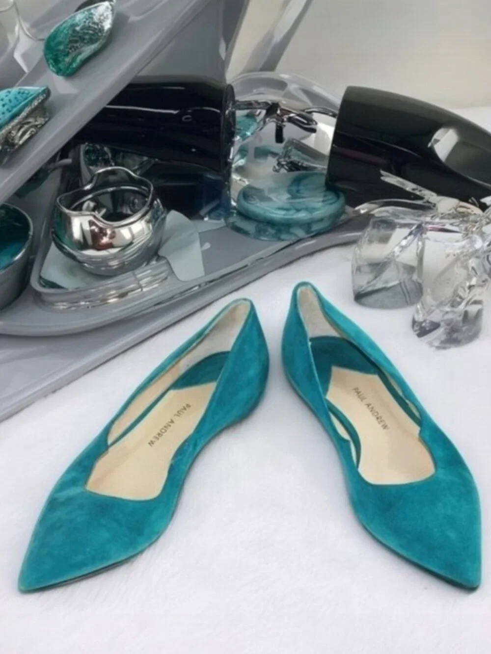 Paul Andrew Zoya Signature Wing Turquoise Blue Suede Flat, Size 36.5 (US 6.5)